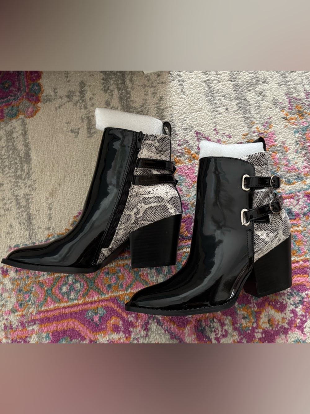 NWT Black Patent & Snake-Print Ankle Booties